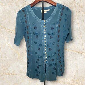 Vintage Blue Floral Embroidered Button-Up Womens Blouse Soft Comfort Cottagecore